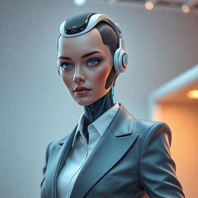 The primary subject of the image is a woman wearing a suit and a pair of headphones. She is standing in a room with a white wall behind her. The visual style of the image is digital art, and the colors and mood are predominantly gray and neutral.